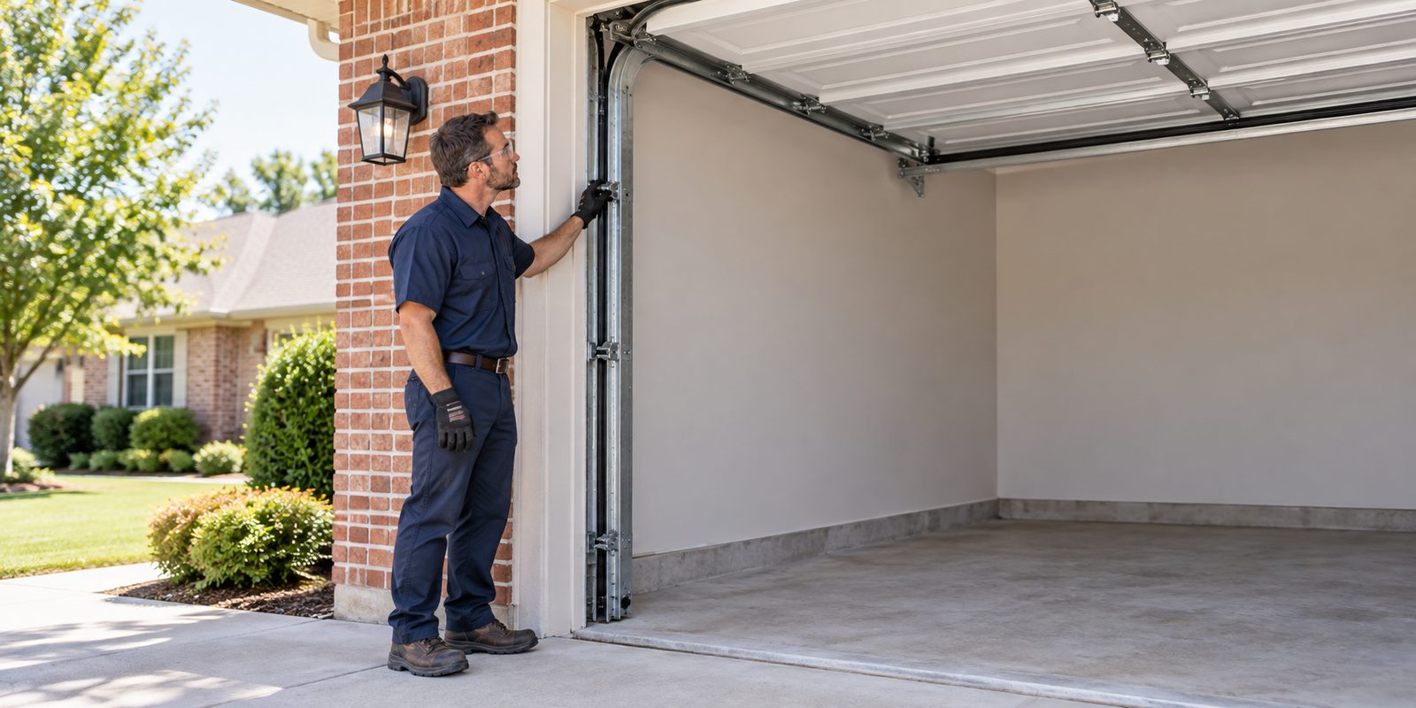 Technician inspecting the track of an open garage door