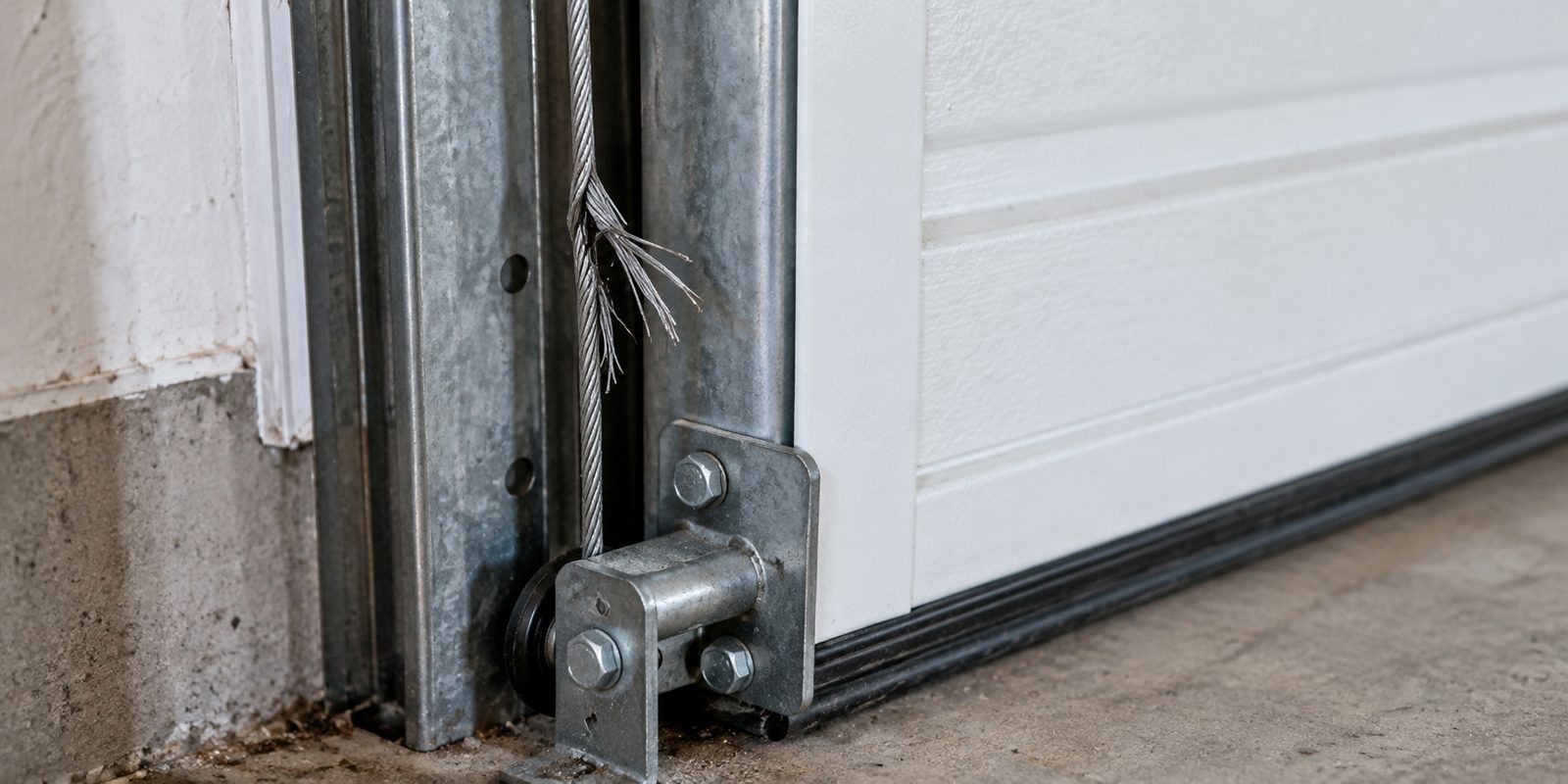 Frayed steel garage door lifting cable beside the door track