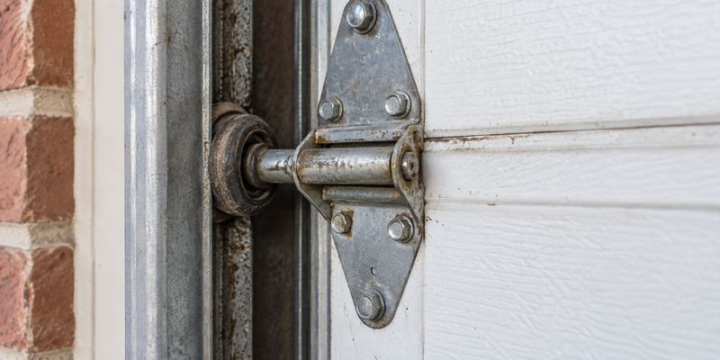Worn garage door roller and hinge with rust and grime