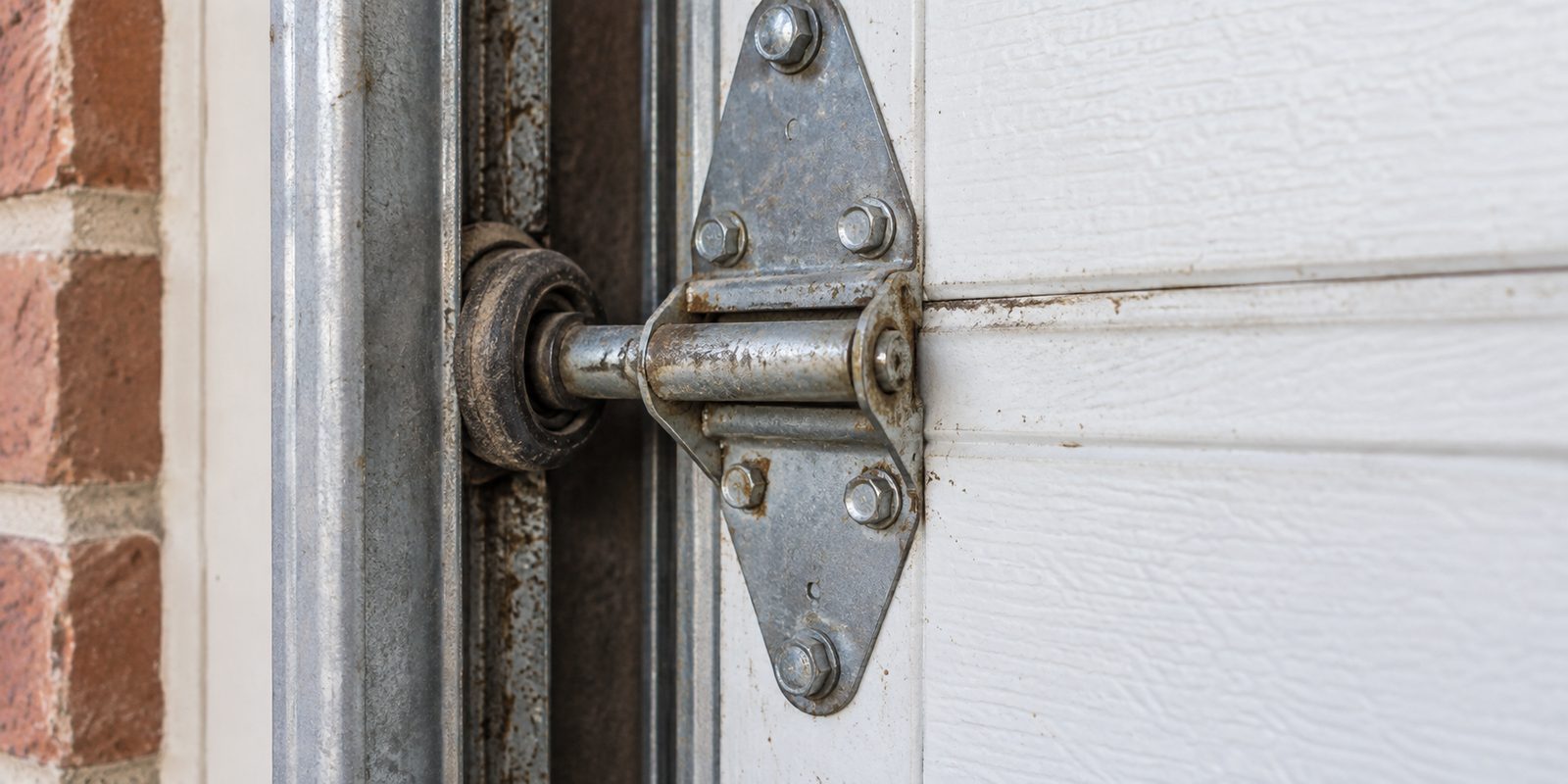 Worn garage door roller and hinge with rust and grime