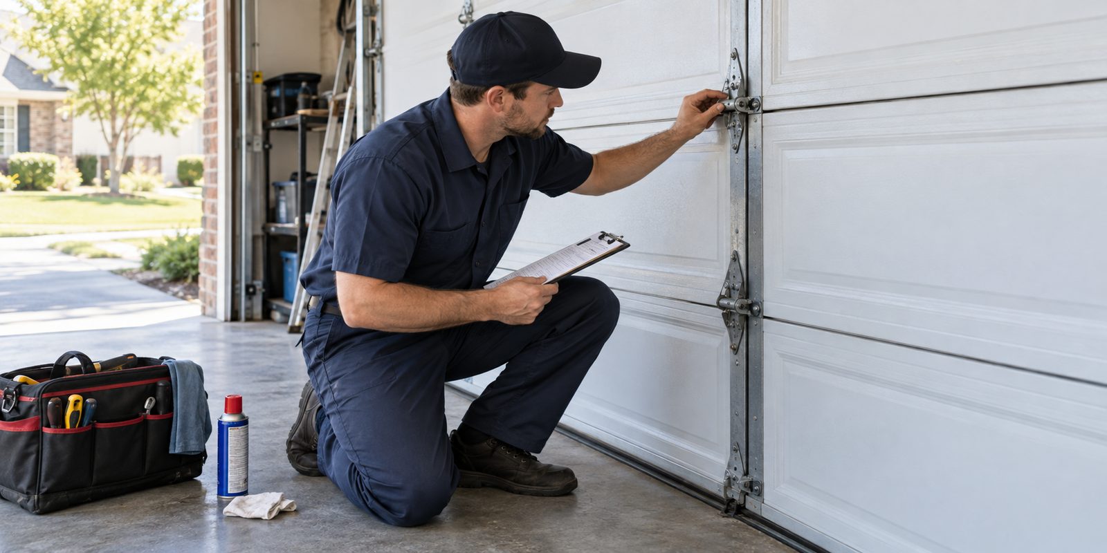 Technician checking garage door hinges with a maintenance checklist