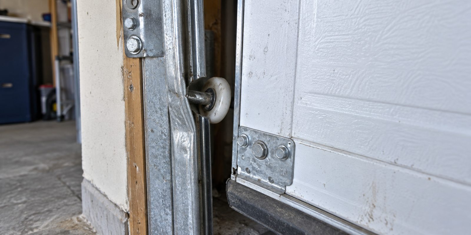 Garage door roller displaced from a bent metal track