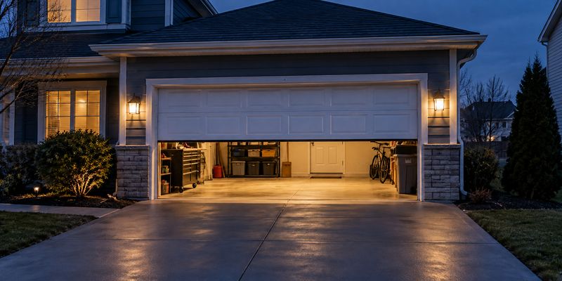 Partially open garage door with interior light at dusk