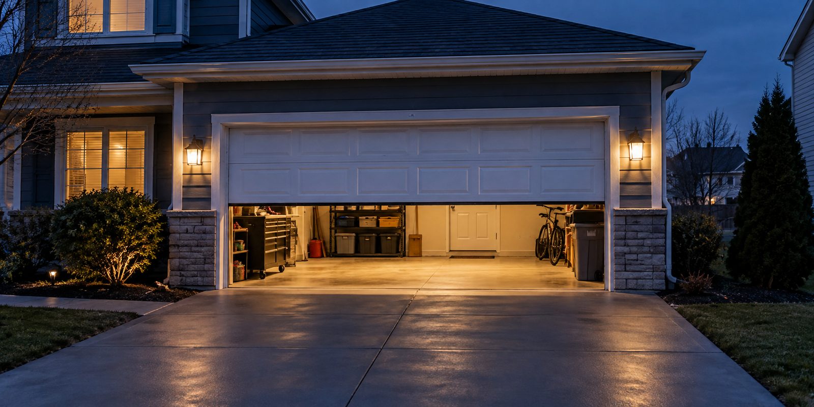 Partially open garage door with interior light at dusk