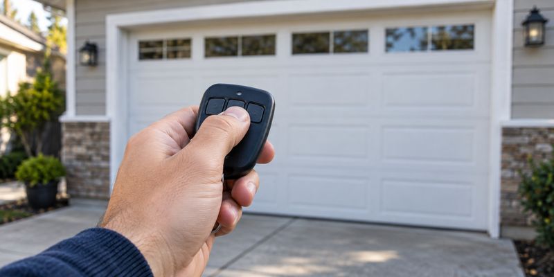 Hand holding a garage door remote in front of a closed garage