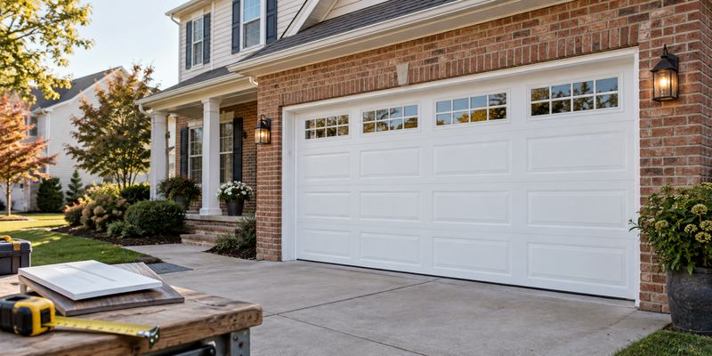 New white sectional garage door on a brick suburban home