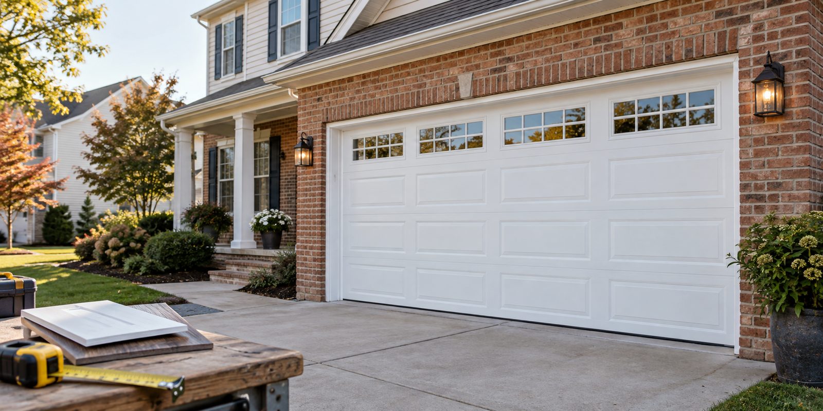 New white sectional garage door on a brick suburban home