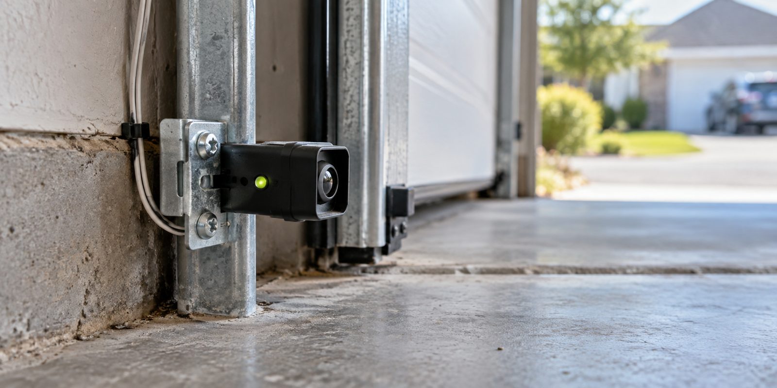 Garage door photo-eye safety sensor mounted beside the track