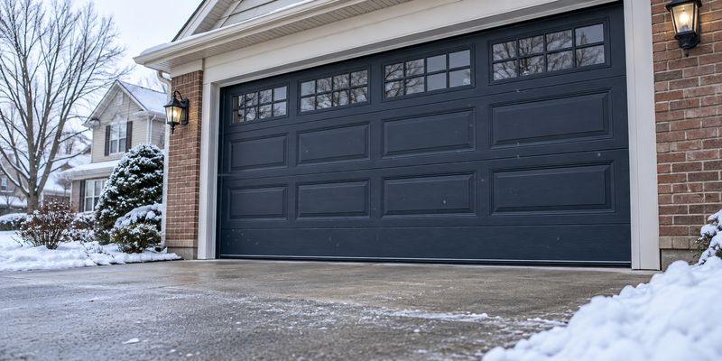 Closed navy garage door beside a snow-covered driveway