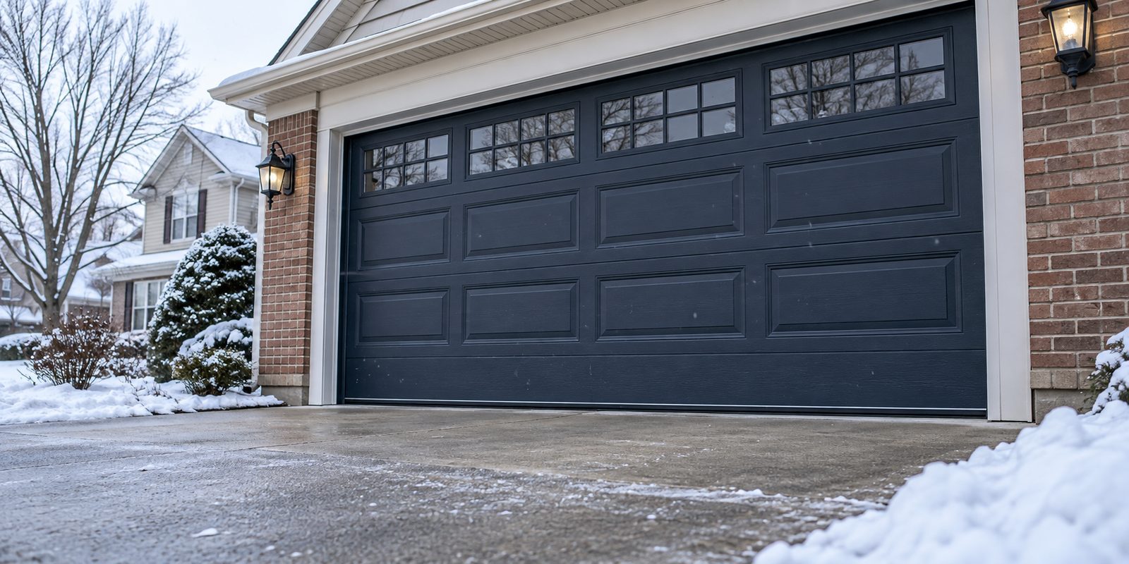 Closed navy garage door beside a snow-covered driveway