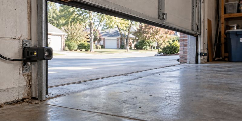 Photo-eye safety sensor beside the track of a partially open garage door