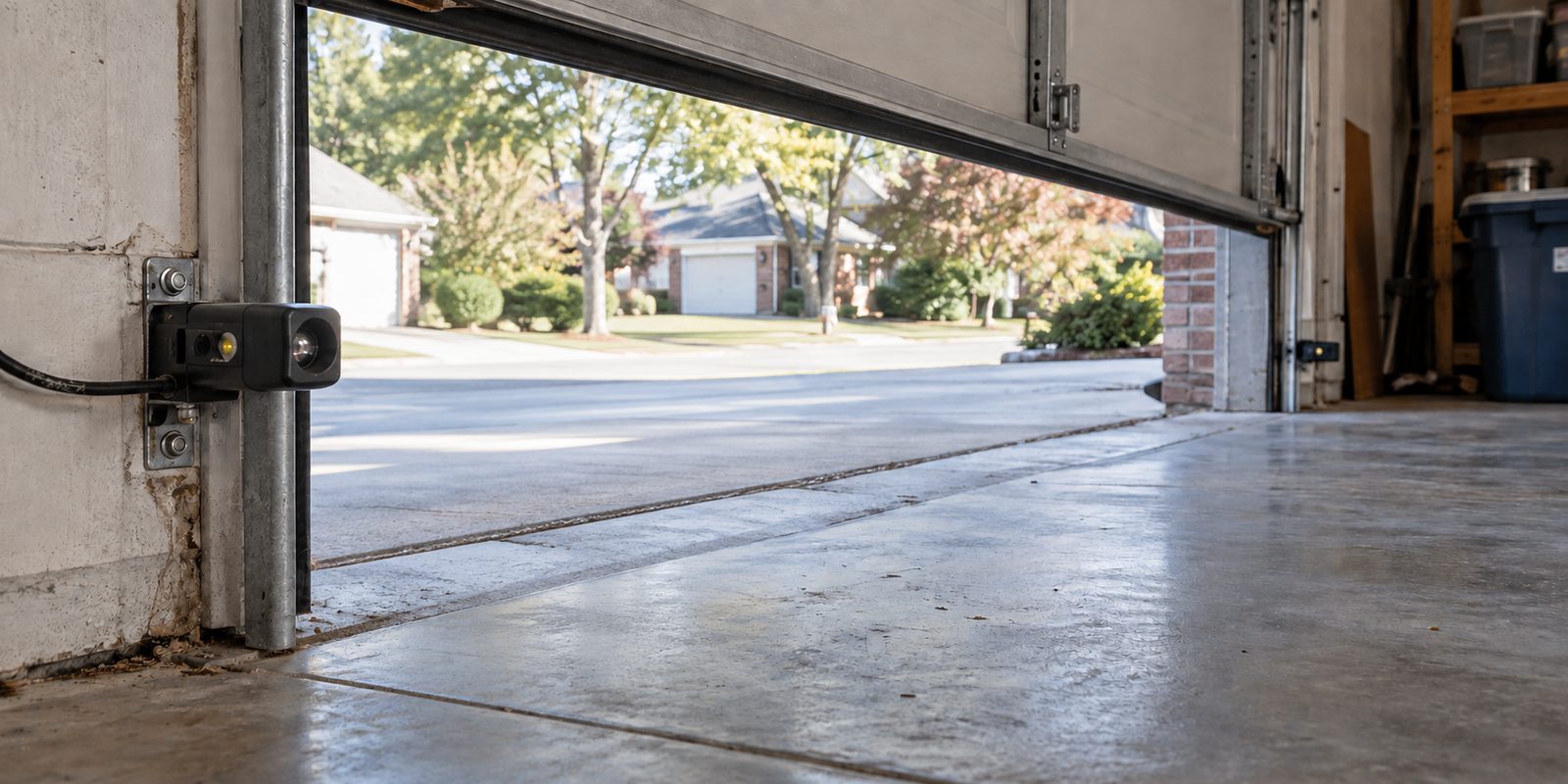 Photo-eye safety sensor beside the track of a partially open garage door