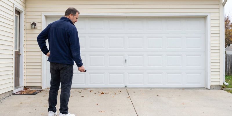 Homeowner in the driveway pressing a remote at a closed garage door that won't open