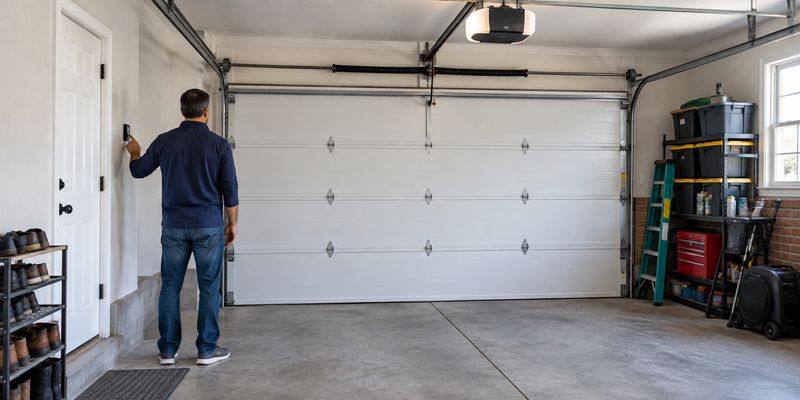 Homeowner pressing a wall control beside a closed garage door