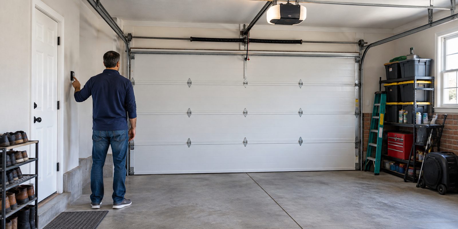 Homeowner pressing a wall control beside a closed garage door