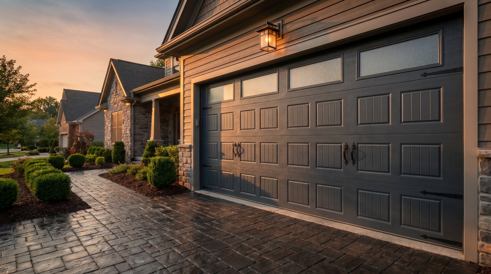 Modern home with elegant carriage-style garage door at golden hour - Crown Garage Door guide