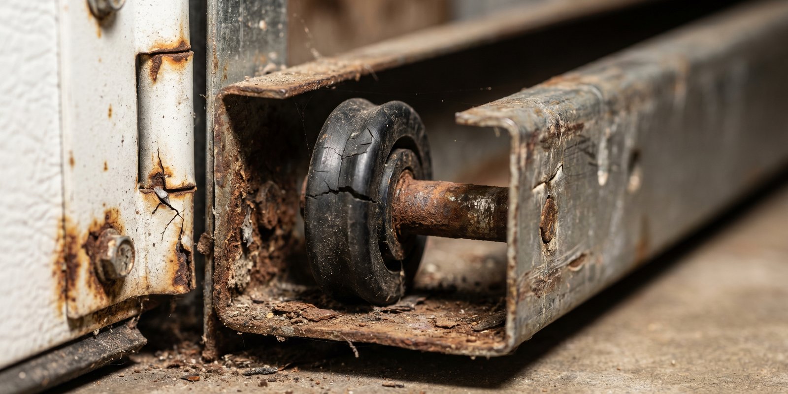 Broken garage door torsion spring snapped in half with rust and damage