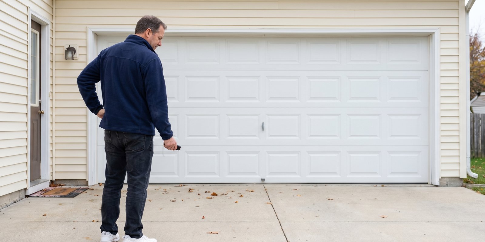 Homeowner standing in driveway frustrated with garage door that won't open