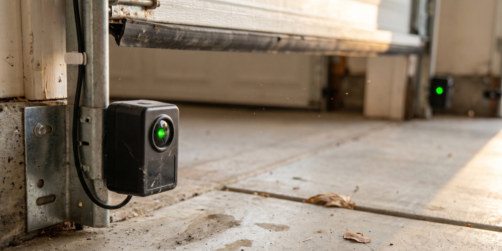 Garage door safety photo-eye sensor with green LED light at floor level
