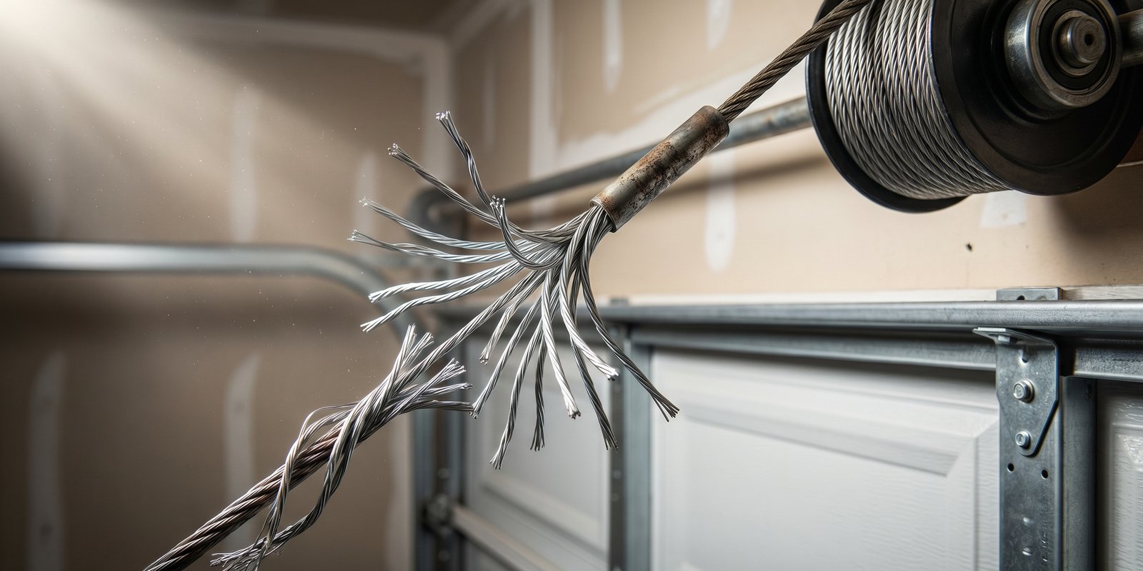Broken frayed steel garage door cable with individual wire strands burst outward