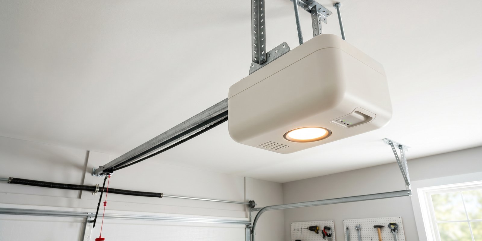 Modern white residential garage door opener motor unit mounted on ceiling