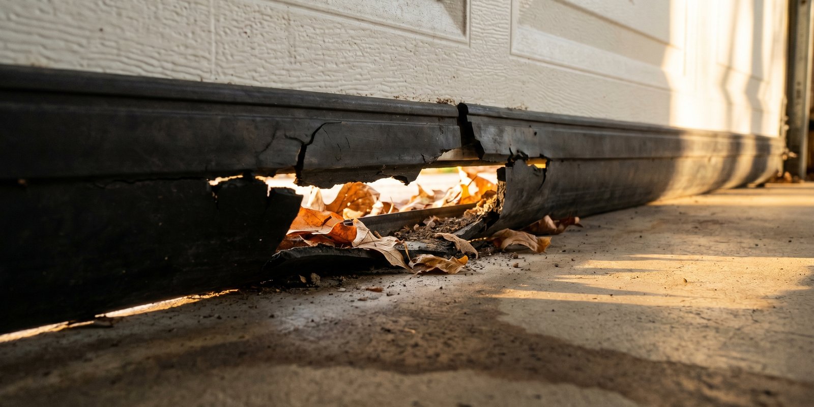 Damaged garage door weather seal with cracks and gaps at the bottom