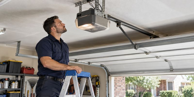 Technician examining a ceiling-mounted garage door opener