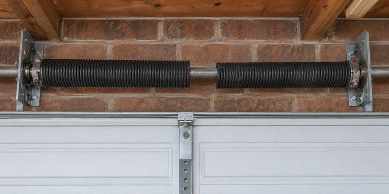 Pair of torsion springs mounted on the header above a closed garage door