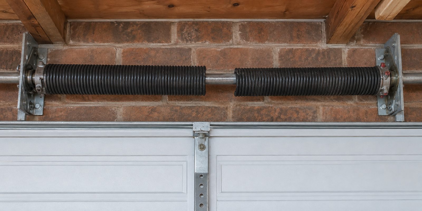 Pair of torsion springs mounted on the header above a closed garage door